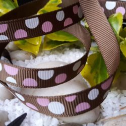 Ruban - Pois roses et blancs sur ruban de gros-grain brun