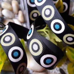 Ruban - Pois et couronnes sur ruban de gros-grain noir
