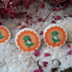 Bouton - Plat avec oiseau vert sur orange